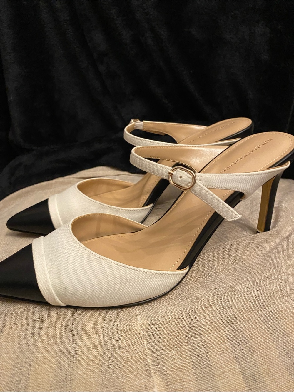 White House Black Market Ivory Slingback Stiletto Heels with Navy Pointed Toe
